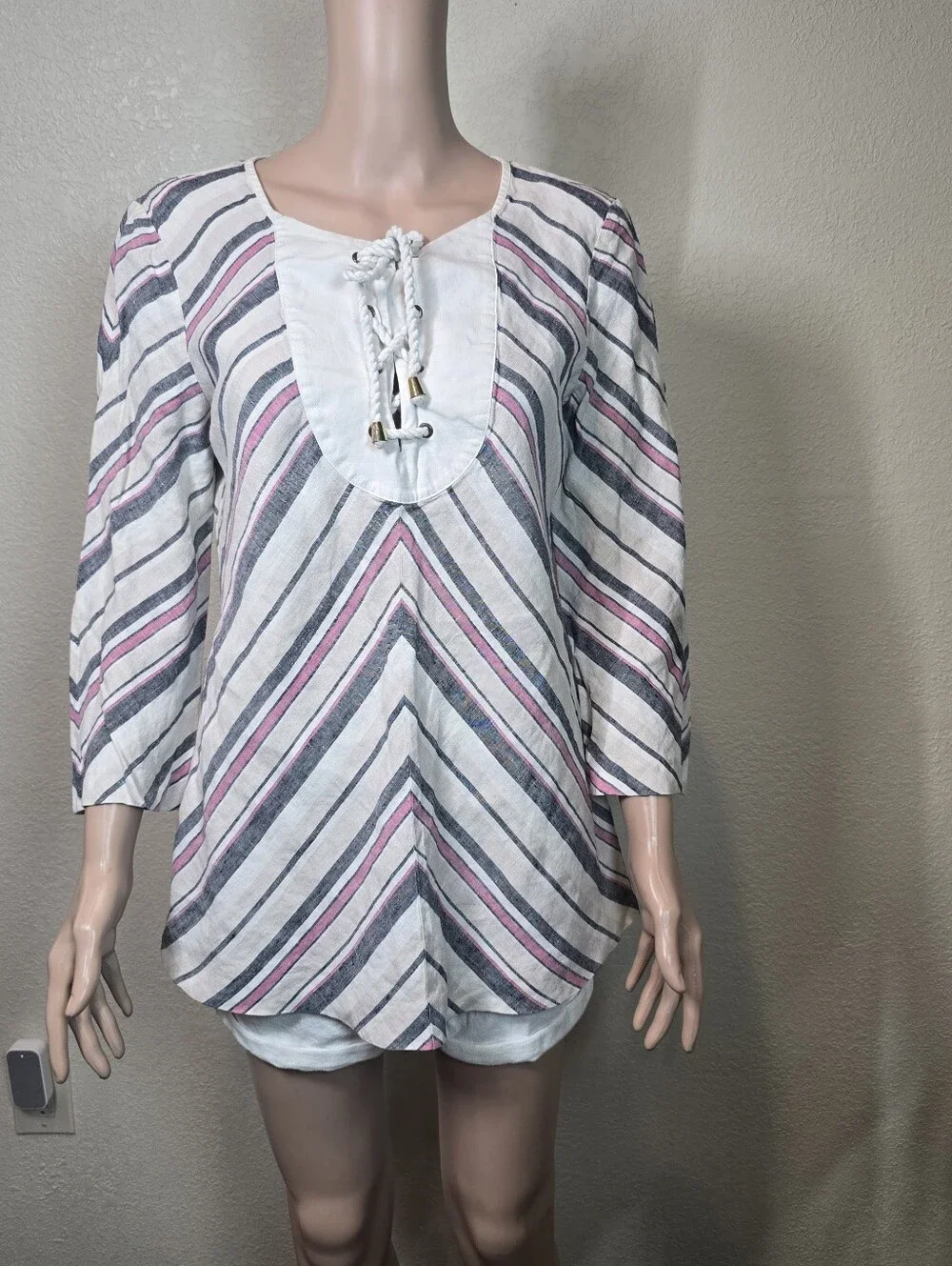 Tory Burch Linen Tunic Top Sz 12 Striped Lace Up Neck Long Sleeve Beach Resort